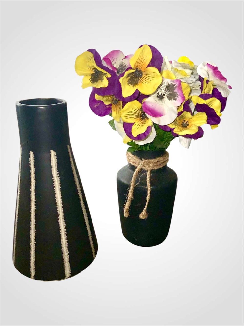 2 Vases ~ 1 Ceramic Black & White & 1 Black Metal & Silk Pansies